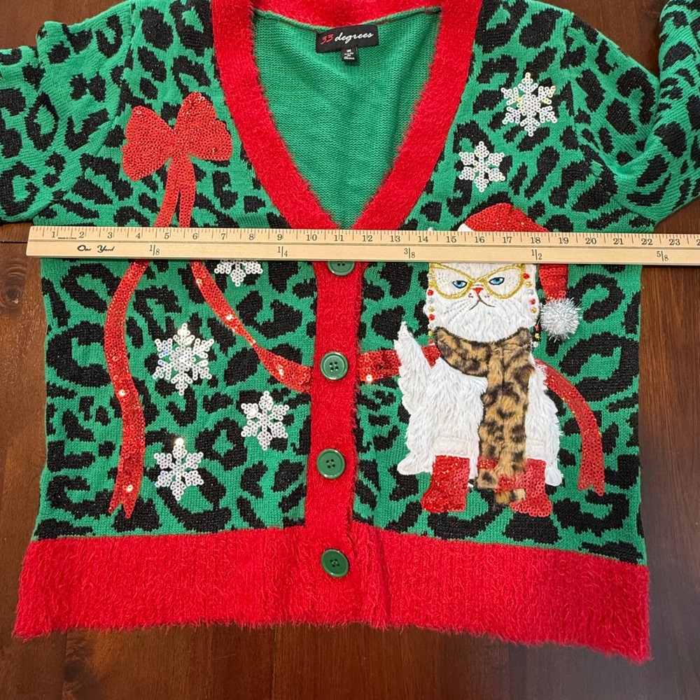 33 Degrees Womens Christmas Cat Cardigan Sweater M Green Leopard Sequin Holiday - Picture 8 of 9